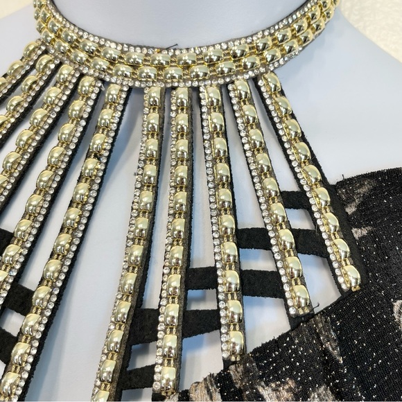 Venus Floral Metallic Caged Halter Top Bell Sleeves Black Gold Size Medium - Picture 5 of 15